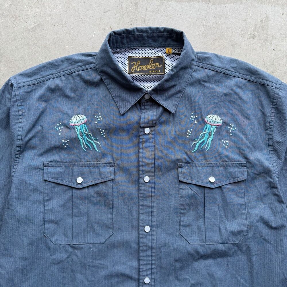 Howler Bros Mens L Gaucho Snap Shirt Pearl Western Jellyfish Embroidered Button
